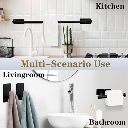 5 PCS Self Adhesive Bathroom Hardware Set, Stainless Steel Towel Rack Set Include Adjustable 24In Bath Towel Bar+Toilet Paper Holder+3 Towel/Robe Hooks Bathroom Accessory(Matte Black)