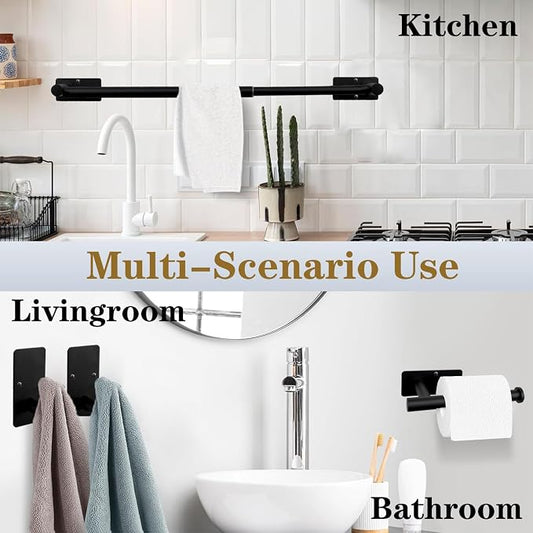 5 PCS Self Adhesive Bathroom Hardware Set, Stainless Steel Towel Rack Set Include Adjustable 24In Bath Towel Bar+Toilet Paper Holder+3 Towel/Robe Hooks Bathroom Accessory(Matte Black)