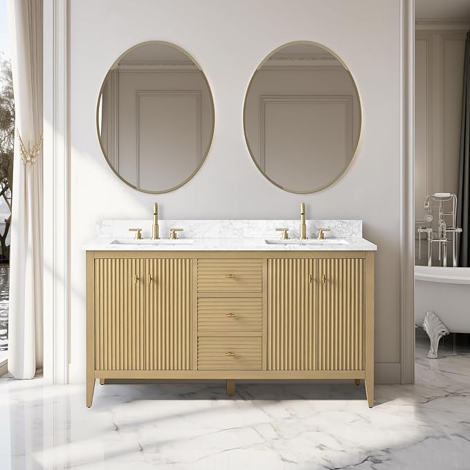 Vanity Art 60 inch Bathroom Vanity with Double Sink & Ceramic Top, Vanity Cabinet with Soft-Closing Door, Solid Wood Frame, Linear Pattern, Natural Oak, Golden Brushed Handware VA9160-DNO-GB