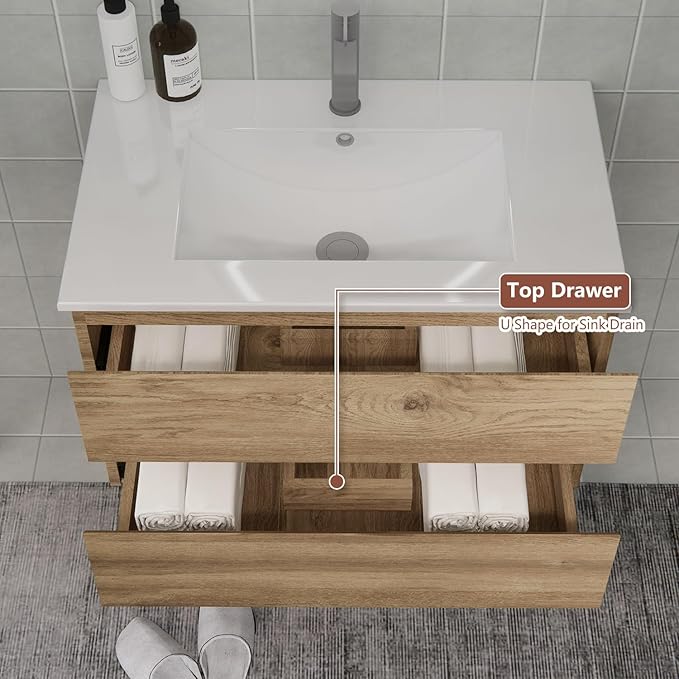 Floating Bathroom Vanity with Sink and 2 Soft-Close Drawers – Moisture-Resistant MDF, Space-Saving Design for Modern Bathrooms (Nature with Sink, 30)