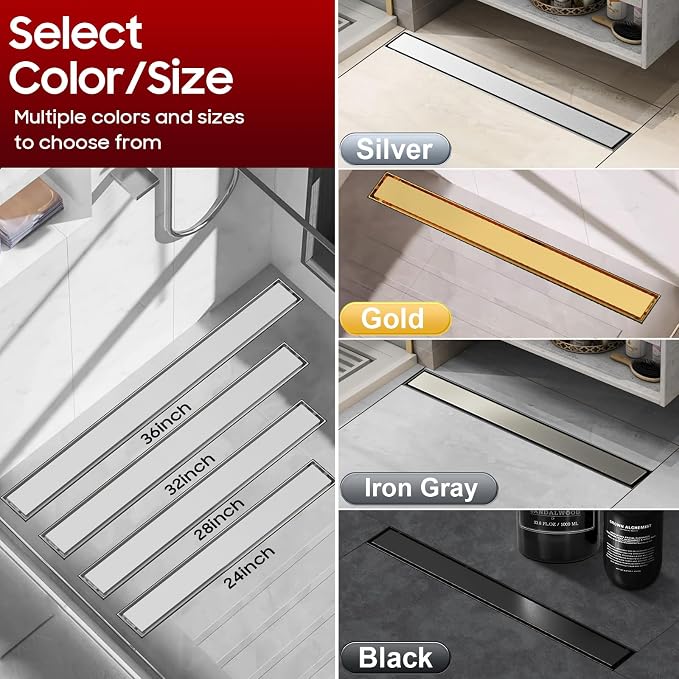 DLONE® Linear Shower Drain - 24 Inch Brushed Nickel, with Tile Insert Panel | AISI 304 Stainless Steel Linear Drain, Rectangle Shower Floor Drain, with Adjustable Feet, Fits Bathroom & Balcony etc
