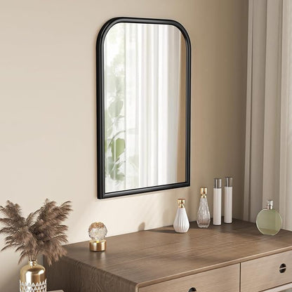 Arch Wall Mirror for Wall Mounted, Tempered Glass, Wood Grain Finish Frame Wall Mirror Decorative for Bedroom Living Room Vanity Mirror (Black, 30" L x 20" W)
