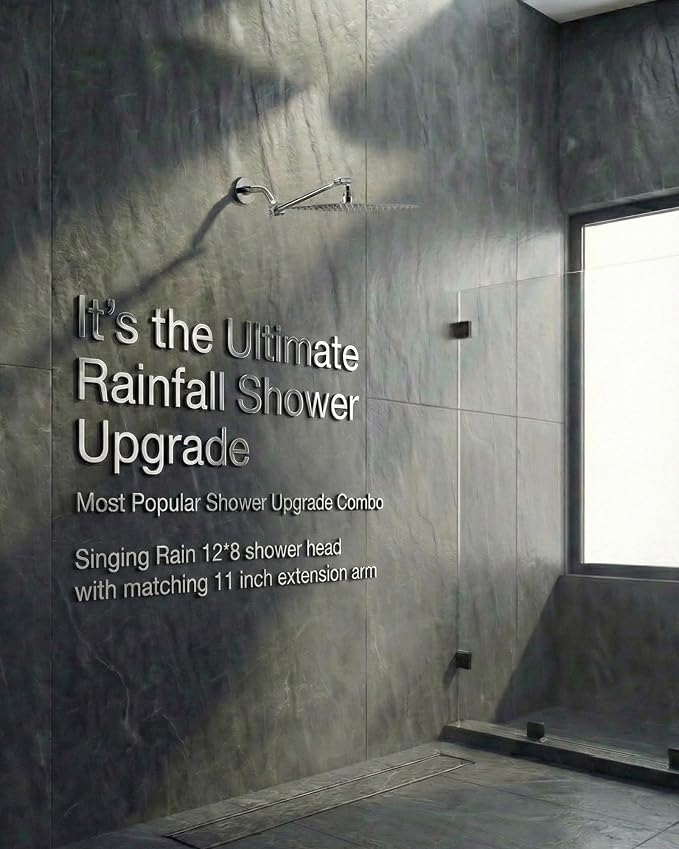All Metal Rain Fixed Shower Head, 12 * 8'' High Pressure Rainfall Rectangle Showerhead with 11" Shower Head Extension Arm, Waterfall fixed Showerheads, Chrome