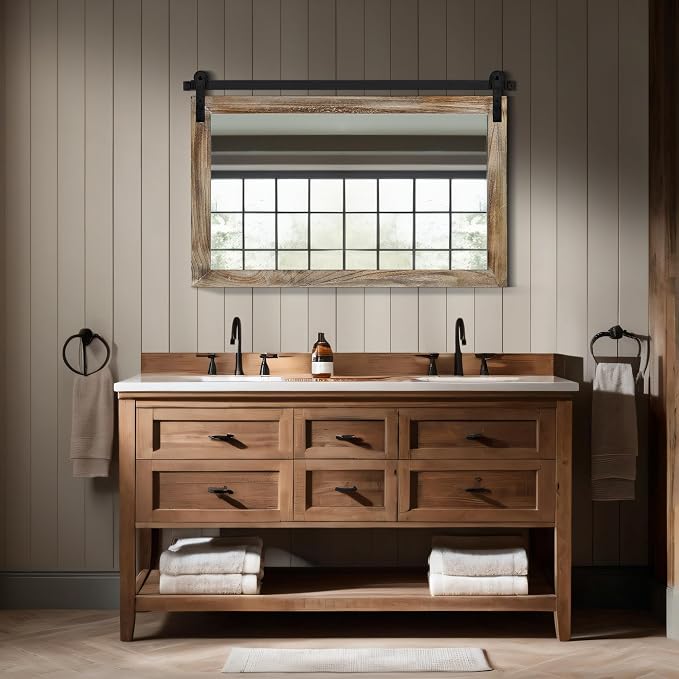 COGOOD Farmhouse Bathroom Mirrors for Over Sink - 26 x 41 Striped Brown | Rustic Barn Door Wood Framed Vanity Mirror for Entryway, Living Room, Bedroom, Dresser Wall Decor