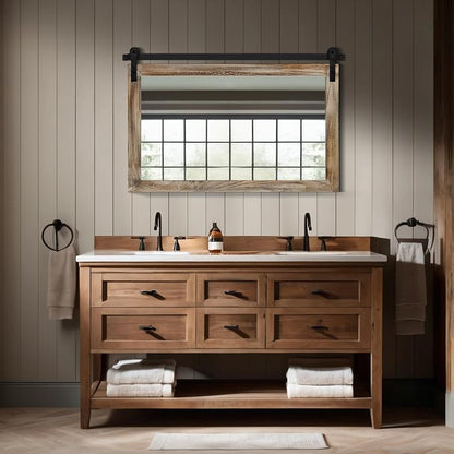 COGOOD Farmhouse Bathroom Mirrors for Over Sink - 26 x 41 Striped Brown | Rustic Barn Door Wood Framed Vanity Mirror for Entryway, Living Room, Bedroom, Dresser Wall Decor