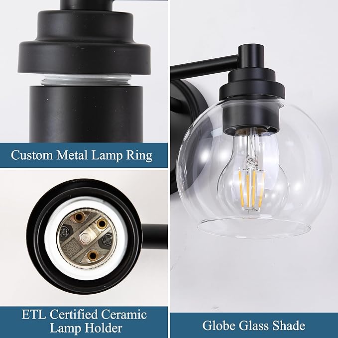 Upgrade Matte Black Bathroom Light Fixtures, Modern Vanity Light with Globe Glass Shade, 3-Light Bathroom Lights Over Mirror, Vanity Lights for Bathroom Bedroom Kitchen Hallway Living Room
