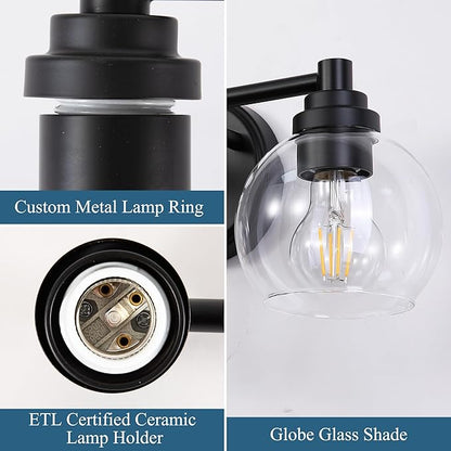 Upgrade Matte Black Bathroom Light Fixtures, Modern Vanity Light with Globe Glass Shade, 3-Light Bathroom Lights Over Mirror, Vanity Lights for Bathroom Bedroom Kitchen Hallway Living Room