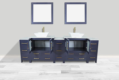 Vanity Art 96 Inch Vessel Double Sink Bathroom Vanity Cabinet with 2 Mirrors, Engineered Marble Top Bathroom Cabinet Compact Set with 13 Dovetail Drawers and Soft Closing Doors, VA3130-96B