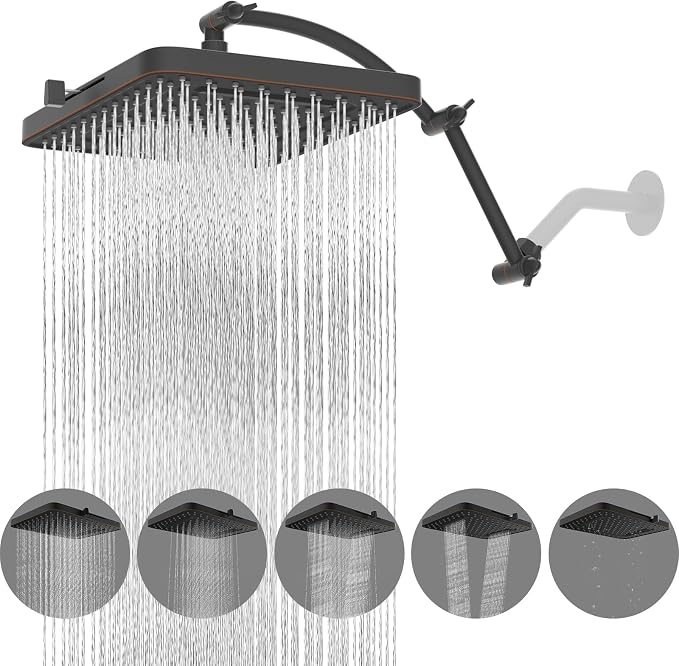 Hibbent Rain Shower Head, 13'' High Pressure Rainfall 5 Spray Mode Showerhead with 16" Shower Head Extension Arm, Brass Adjustable Shower Arm Extender, Waterfall fixed Showerheads, Oil Rubbed Bronze