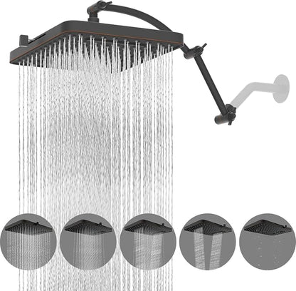 Hibbent Rain Shower Head, 13'' High Pressure Rainfall 5 Spray Mode Showerhead with 16" Shower Head Extension Arm, Brass Adjustable Shower Arm Extender, Waterfall fixed Showerheads, Oil Rubbed Bronze