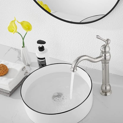 GGStudy 360° Swivel Single Handle One Hole Bathroom Vessel Sink Faucet Matching Pop Up Drain Without Overflow Brushed Nickel