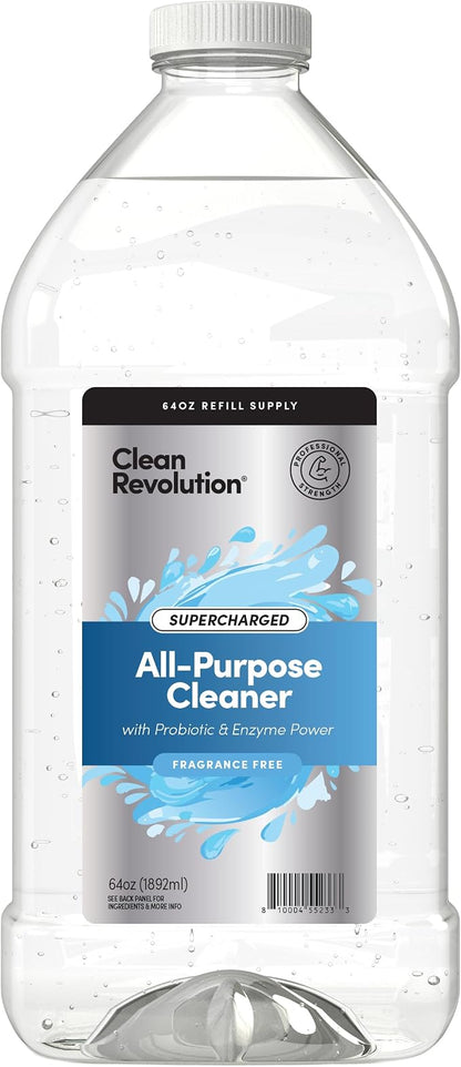 Clean Revolution SuperCharged All Purpose Cleaner Refill with Smart Probiotic + Enzyme Complex, Multi-Surface Kitchen Bathroom & Floor Cleaner, Fragrance Free, 64 Fl oz (Pack of 1)