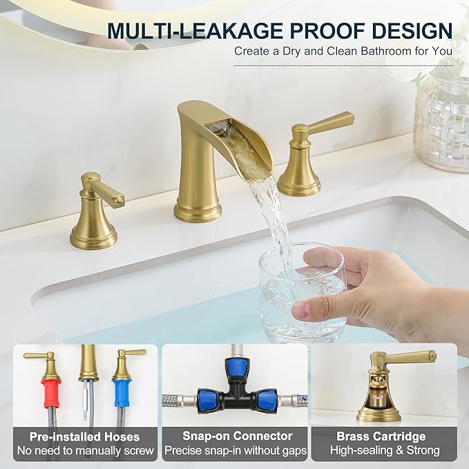 8 Inch Brushed Gold Bathroom Faucet 3 Hole, Brass Waterfall Bathroom Faucets Widespread 2 Handle with Pop up Drain & Pre-Installed cUPC Supply Lines for Vanity, 10 Mins Quick Installation