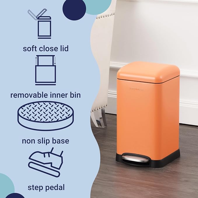 happimess Betty Retro Mini 3.2 Gal Step Trash Can, Carrot Cake | Soft-Close Lid, Removable Liner, Iron, Hands-Free Pedal, Satin Finish, Non-Skid Base, Built-In Damper, Modern, Minimalistic