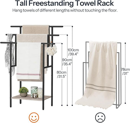 HOOBRO 39.4" Tall Freestanding Towel Rack for Bathroom, 3 Tier Stepped Blanket Rack with Shelf, Oversized Bath Towels Drying and Display Rack, Black and Rustic Brown BG50LB01