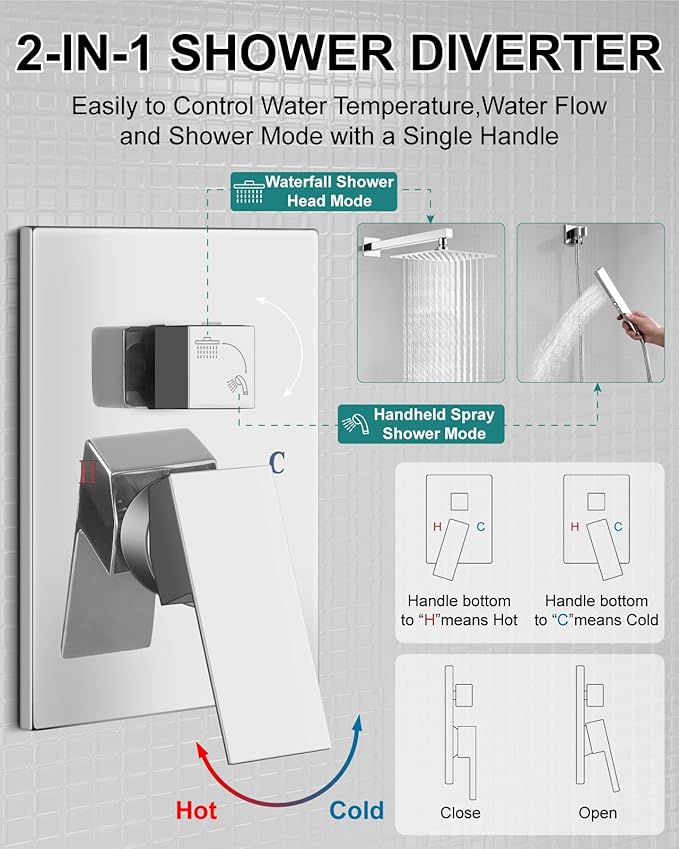 Shower Faucet Set Rainfall Shower System with Square Showerhead and Handle Set Fixture with 2 in 1 Function Handheld Sprayer Wall Mounted Trim Repair Kit Rough-in Valve 8 Inch Polish Chrome