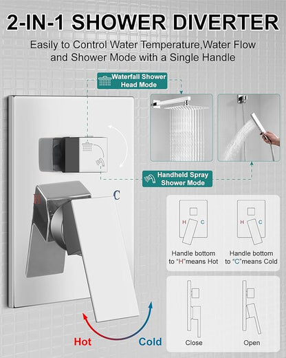 Shower Faucet Set Rainfall Shower System with Square Showerhead and Handle Set Fixture with 2 in 1 Function Handheld Sprayer Wall Mounted Trim Repair Kit Rough-in Valve 8 Inch Polish Chrome