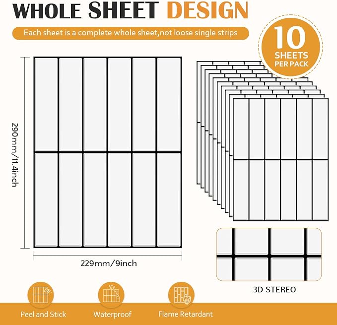 JOLOV 10 Pack Peel and Stick Backsplash Tiles, Waterproof 3D Stickers | Thicker self-adhesive 3D tile stickers for kitchen and bathroom walls; removable, waterproof and easy to install.
