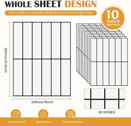 JOLOV 10 Pack Peel and Stick Backsplash Tiles, Waterproof 3D Stickers | Thicker self-adhesive 3D tile stickers for kitchen and bathroom walls; removable, waterproof and easy to install.