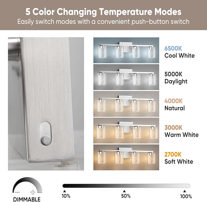 LED Modern Bathroom Light Fixtures Over Mirror, 4-Light Brushed Nickel Vanity Lights with 5 Color Modes, Dimmable Bathroom Vanity Light with Crystal Bubble Glass, 2700K-6500K Adjustable, ETL