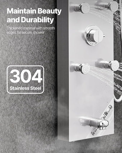 VEVOR Shower Panel Tower System with Rainfall Shower Head, LED, 49 in Brushed Stainless Steel Shower Column, 4-Function Faucet, Wall-Mount Rain Massage System with 6 Body Jets, Handheld, and Tub Spout