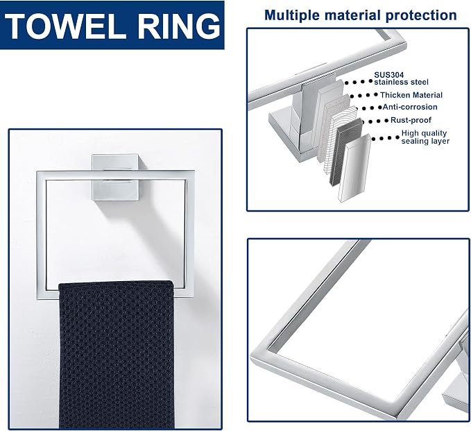 5 Pieces Bathroom Hardware Accessories Set Polished Chrome, 16Inch Bathroom Towel Rack Set SUS304 Stainless Steel, Square Bath Towel bar Set Heavy Duty, Wall Mounted