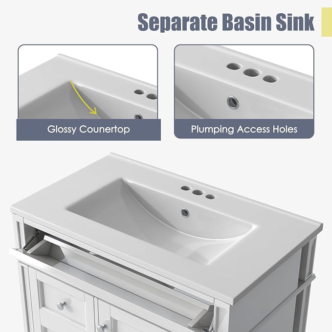 Merax 30 inch Bathroom Vanity with Ceramic Sink, Solid Wood Frame Modern Bathroom Sink Storage Cabinet with 2 Drawers and a Tip-Out Drawer, Single Sink Bathroom Vanities, White