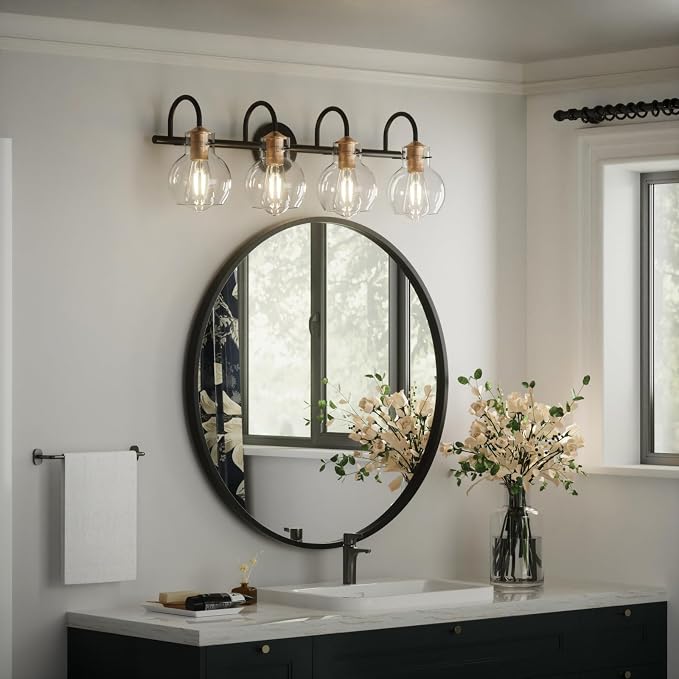 4 Lights Bathroom Vanity Light Fixtures Over Mirror Modern | Wall Sconce,Black & Brushed Cooper,Globe Glass Shade,E26 Base,UL Certified,Anti-Rust,Damp Rated,Bathroom Bedroom Living Room