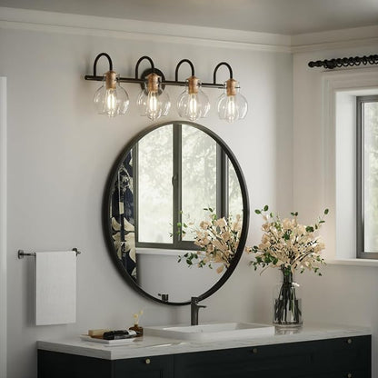 4 Lights Bathroom Vanity Light Fixtures Over Mirror Modern | Wall Sconce,Black & Brushed Cooper,Globe Glass Shade,E26 Base,UL Certified,Anti-Rust,Damp Rated,Bathroom Bedroom Living Room