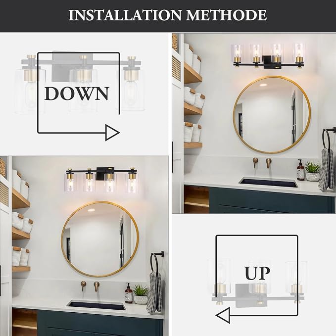 4 Light Bathroom Light Fixtures, Black and Gold Bathroom Vanity Light with Clear Glass Shade, Modern Bathroom Lights Over Mirror Wall Sconce, Brushed Gold Vanity Lights for Bathroom