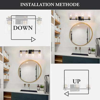 4 Light Bathroom Light Fixtures, Black and Gold Bathroom Vanity Light with Clear Glass Shade, Modern Bathroom Lights Over Mirror Wall Sconce, Brushed Gold Vanity Lights for Bathroom