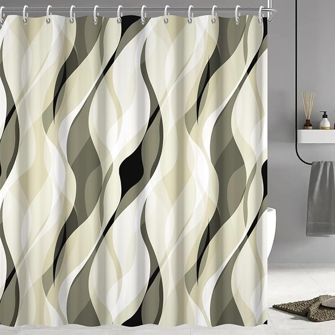 Light Green Shower Curtain, Modern Abstract Green and Grey Striped Shower Curtain Set for Bathroom Waterproof Shower Curtain with Hooks, 72x84 Inch