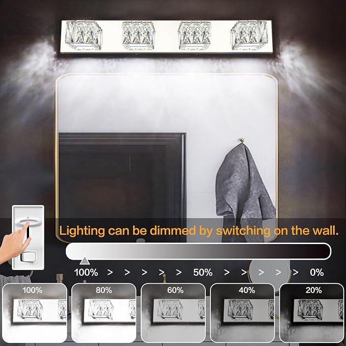 Modern Bathroom Light Fixtures - Crystal 4 Light Bathroom Vanity Light 5CCT Dimmable - LED Chrome Vanity Lighting Fixture