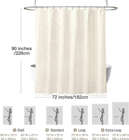 Extra Long Cream Boho Shower Curtain Woven Fabric Cute 90 Inch Shower Curtain, 72 x 90 Tufted Chevron Textured Striped Modern Farmhouse Minimalist Cloth Shower Curtain for Bathroom