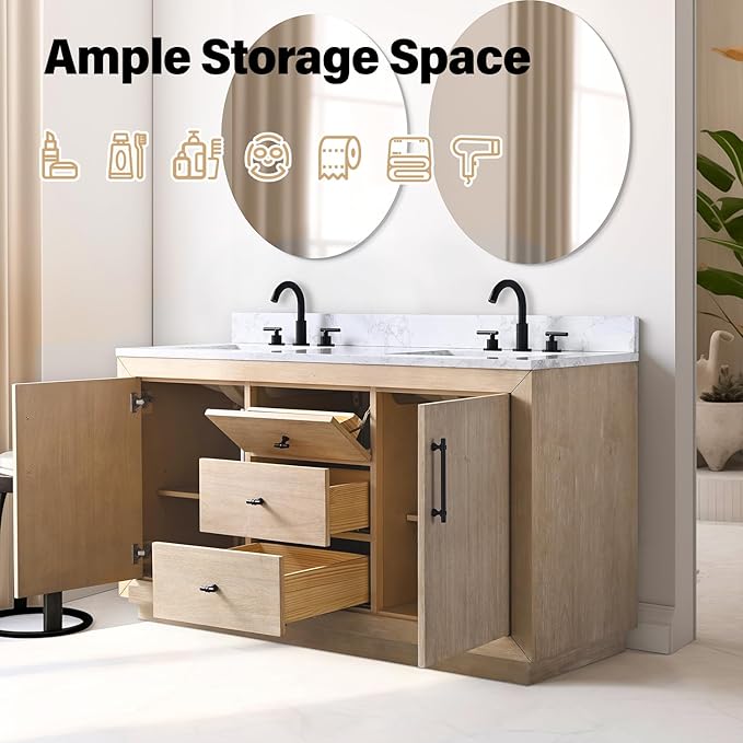 Vanity Art 60 inch Double Sink Bathroom Vanity, Vanity Cabinet with Doors and Shelf, Modern Wood Bathroom Vanity with White Marble Top, Solid Wood Frame, 3 Functioning Drawers, VA70-60-DLW-E