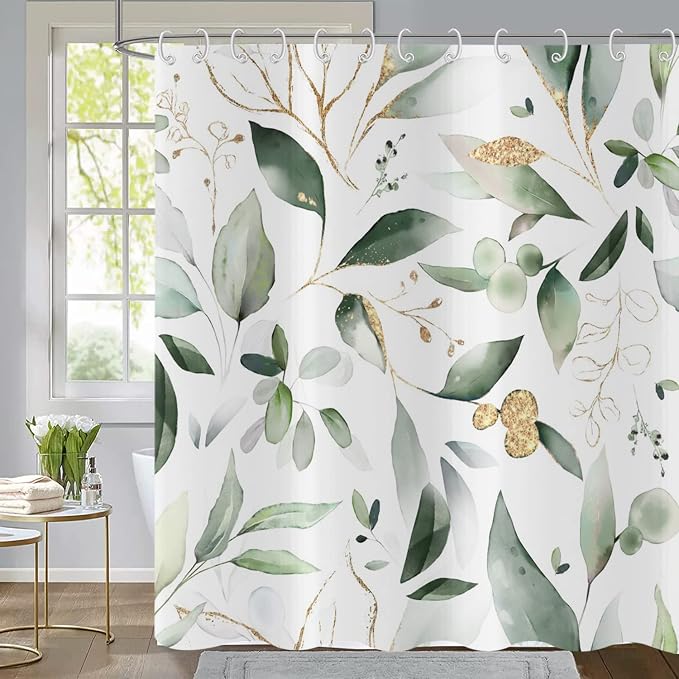 Spring Green Leaf Shower Curtain, Sage Eucalyptus Leaves with Gold Branches Botanical Plants Fabric Bathroom Curtain Home Decor Waterproof Washable 12 Hooks, (GCI-10013), 78''Lx72''W