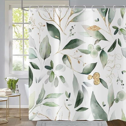 Green and Gold Leaf Shower Curtain, Sage Eucalyptus Leaves with Gold Branches Botanical Plants Fabric Bathroom Curtain Home Decor Waterproof Washable 12 Hooks, 84'' Lx72 W (GCI-10152)