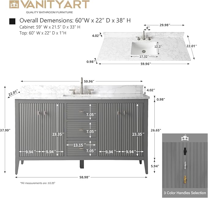 Vanity Art 60 inch Bathroom Vanity with Single Sink & Ceramic Top, Vanity Cabinet with Soft-Closing Door, Solid Wood Frame, Linear Pattern, Cashmere Gray, Golden Brushed Handware VA9160-SG-GB