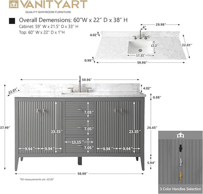 Vanity Art 60 inch Bathroom Vanity with Single Sink & Ceramic Top, Vanity Cabinet with Soft-Closing Door, Solid Wood Frame, Linear Pattern, Cashmere Gray, Golden Brushed Handware VA9160-SG-GB