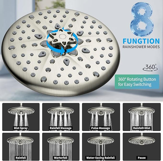 EMBATHER Shower Faucet Sets - Overhead Rain Head Shower System with High Pressure Handheld Complete Combo and Mixer Valve Trim Kit - Brushed Nickel Rainfall Shower Fixture for Luxury Bathroom