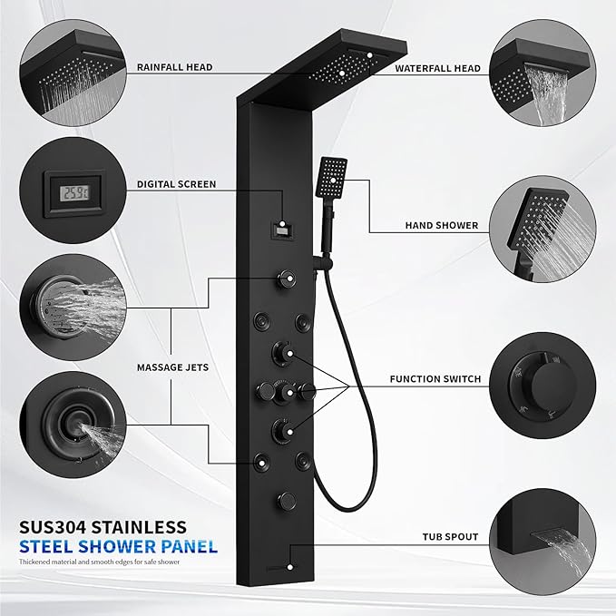 BWE Stainless Steel Shower Panel Tower System,Rainfall Waterfall Shower Head,3 Functions Handheld Shower Head,Two Modes Massage Body Jets,with Tub Spout,5 in 1 Shower Panel System,Matte Black