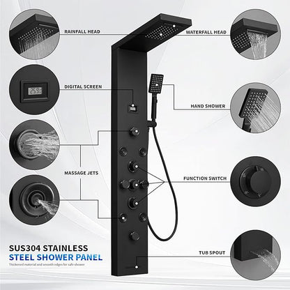 BWE Stainless Steel Shower Panel Tower System,Rainfall Waterfall Shower Head,3 Functions Handheld Shower Head,Two Modes Massage Body Jets,with Tub Spout,5 in 1 Shower Panel System,Matte Black