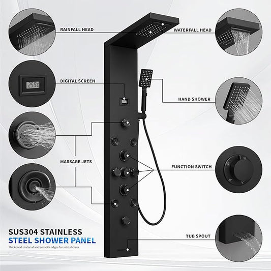 BWE Stainless Steel Shower Panel Tower System,Rainfall Waterfall Shower Head,3 Functions Handheld Shower Head,Two Modes Massage Body Jets,with Tub Spout,5 in 1 Shower Panel System,Matte Black
