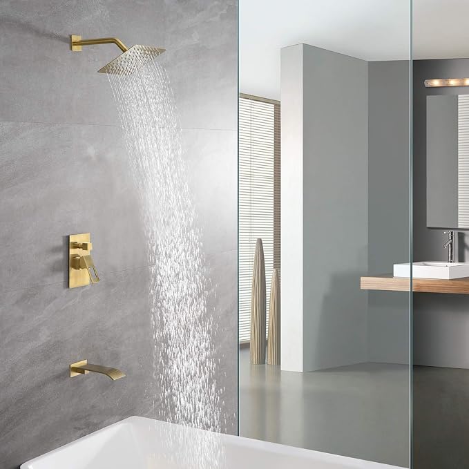 SUMERAIN Wall Mount Tub and Shower Faucet Set, Brushed Gold | 8 Inch High Pressure Shower Head, Waterfall Tub Spout, Anti-scalding Pressure Balance Valve