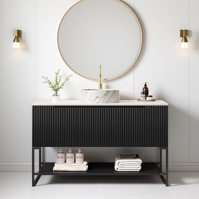 Ambrovina 48" Bathroom Vanity with Vessel Sink, Freestanding Bathroom Storage Cabinet with 3 Doors and Open Shelf, Round Marble Pattern Ceramic Basin and Carrara White Sintered Stone Countertop, Black