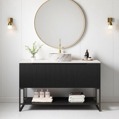 Ambrovina 48" Bathroom Vanity with Vessel Sink, Freestanding Bathroom Storage Cabinet with 3 Doors and Open Shelf, Round Marble Pattern Ceramic Basin and Carrara White Sintered Stone Countertop, Black