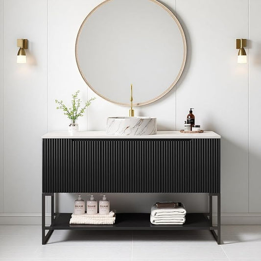 Ambrovina 48" Bathroom Vanity with Vessel Sink, Freestanding Bathroom Storage Cabinet with 3 Doors and Open Shelf, Round Marble Pattern Ceramic Basin and Carrara White Sintered Stone Countertop, Black
