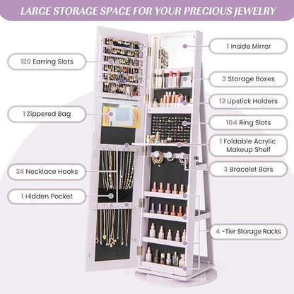 GOFLAME 360° Rotating Jewelry Cabinet with Full-Length Mirror, Freestanding Jewelry Armoire with 3-Color LED Light and Back Storage Shelf, Lockable Jewelry Organizer for Bedroom Cloakroom, Lavender