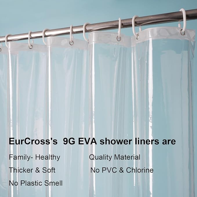 EurCross Extra Wide Shower Curtain Liner 108x72 with 3 Big Magnet Weights, Heavy Duty 9G PEVA Extra Large Clear Plastic Shower Curtain for Bathroom with 18 Metal Holes