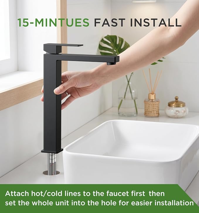 FORIOUS Vessel Sink Faucet Single Hole, Matte Black Tall Bathroom Faucets | For 1 or 3 Hole 4 Inch Centerset Sink, with Pop-up Drain, NSF61 Certificate, Single Handle Faucet for Sink Vanity RV Restroom